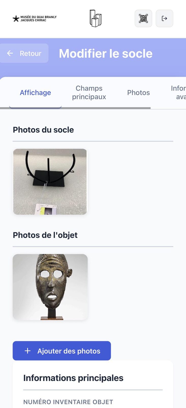 Édition multi-onglets — Affichage, Champs, Photos, Infos avancées.