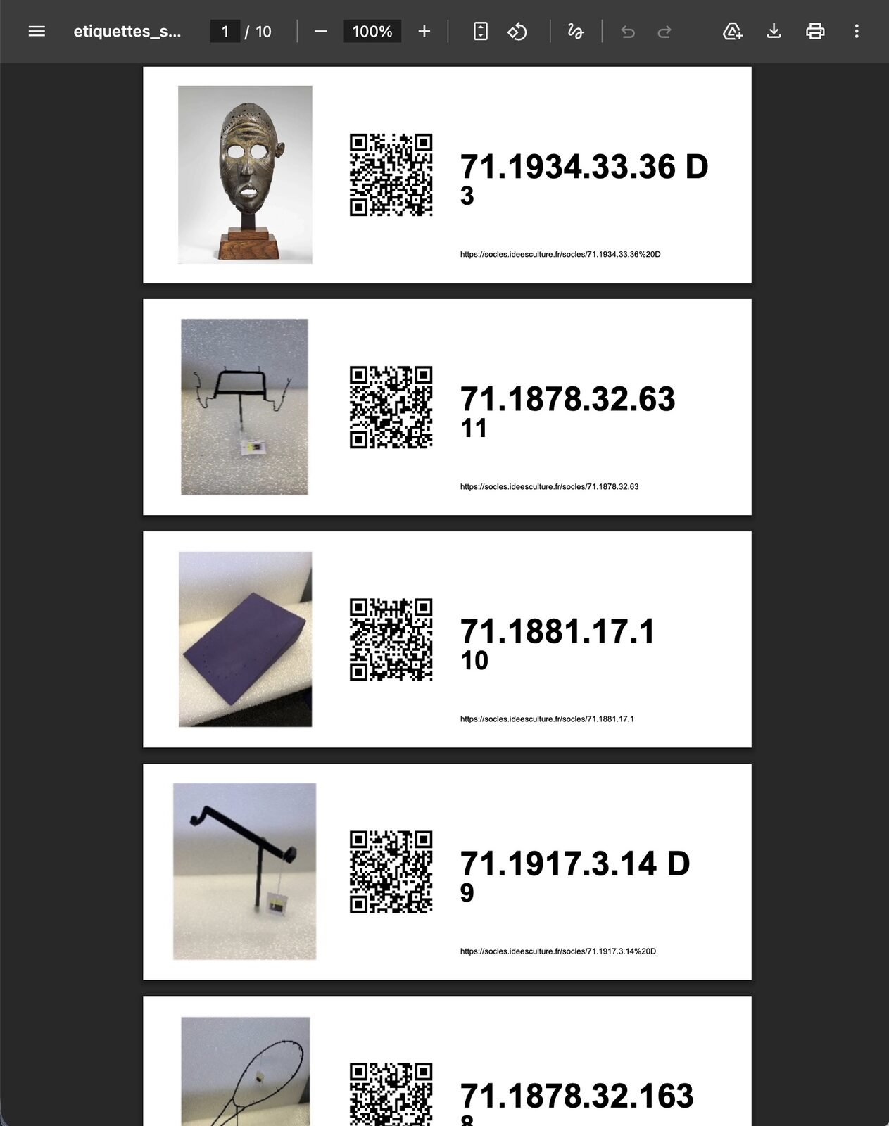 Export PDF — étiquettes avec QR code, prêt à imprimer.