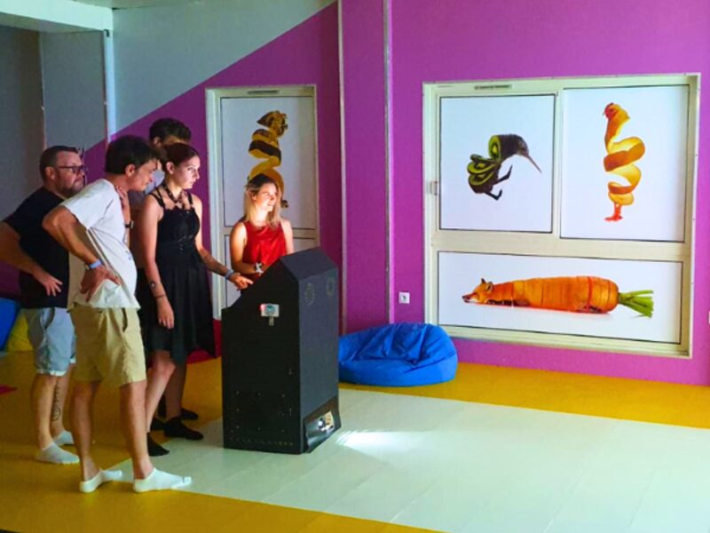 Espace coloré Zoodéfis — visiteurs jouant en équipe